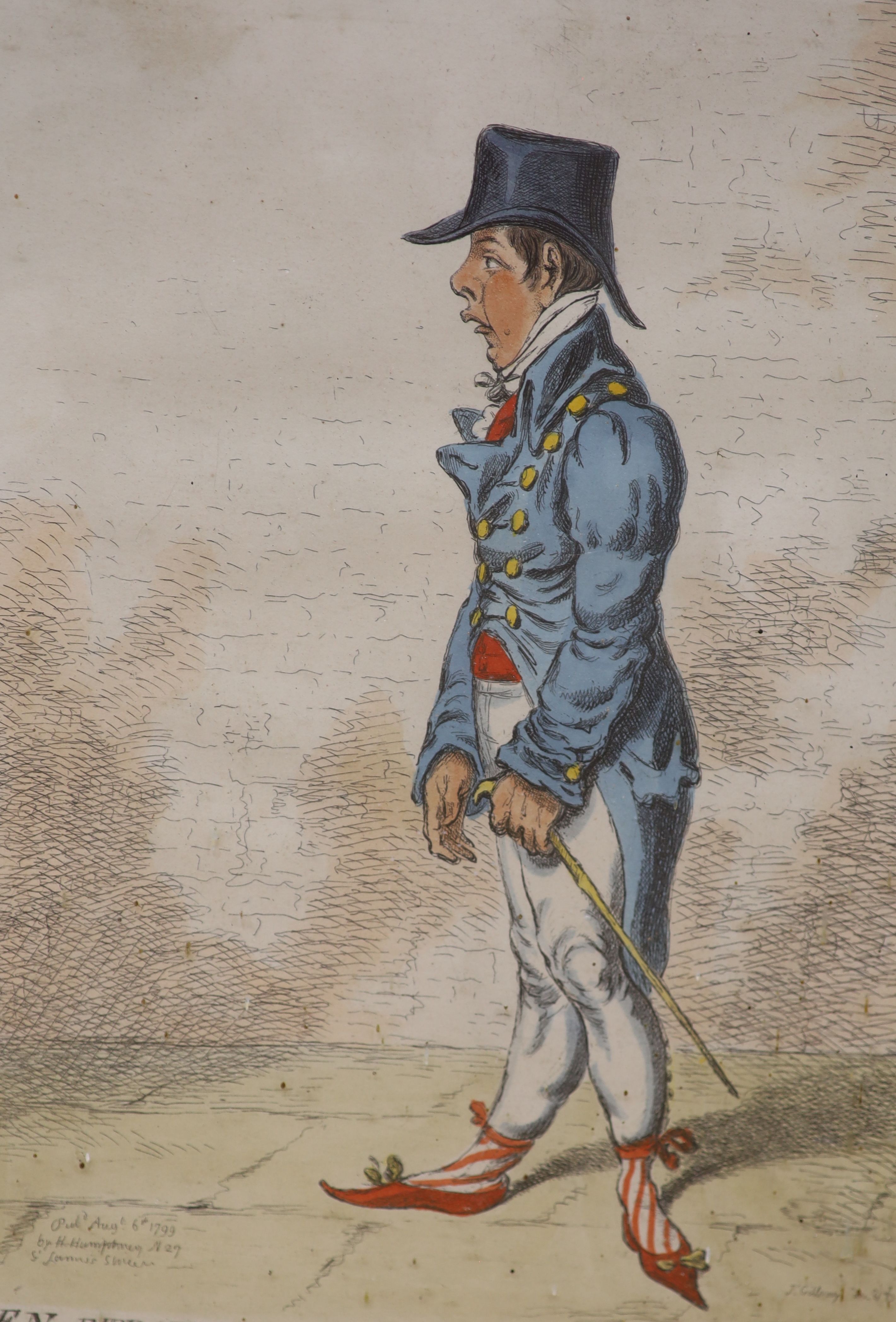 A set of four coloured lithographs of figures in caricature